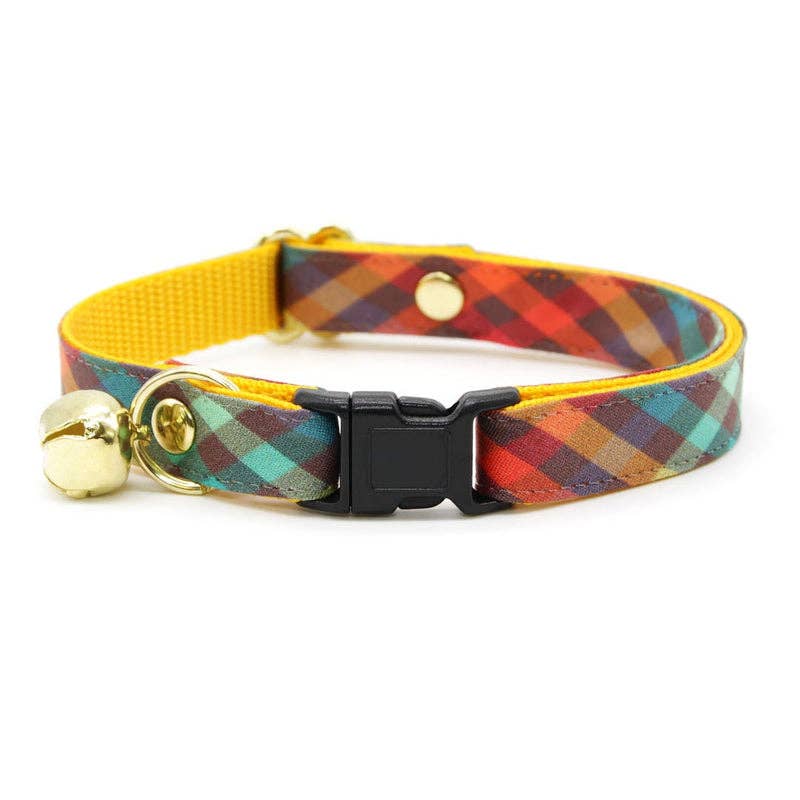 Made By Cleo - "Campfire" - Rainbow Plaid Cat Collar Adult size (8-13)